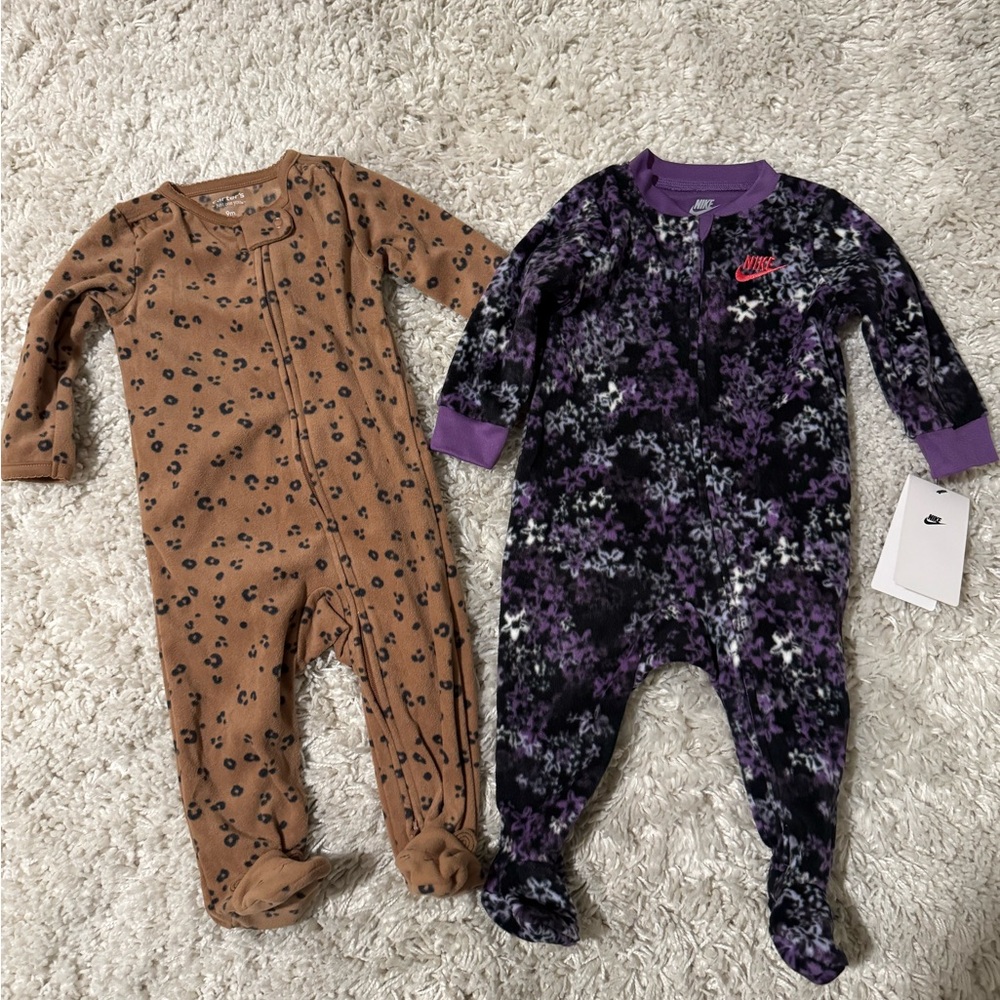 Nike Purple Snowflake Fleece Footie and Carter’s Fleece Leopard Footie